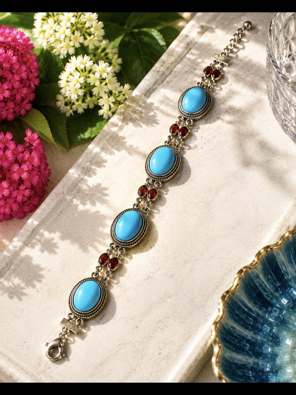 Silver-Tone Turquoise & Garnet Accent Bracelet - Women Jewelry